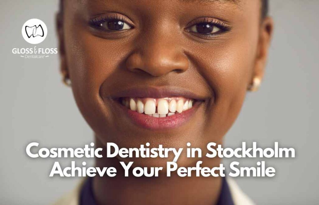 Close-up of a smiling woman with bright, well-aligned teeth, illustrating the benefits of cosmetic dentistry in Stockholm.