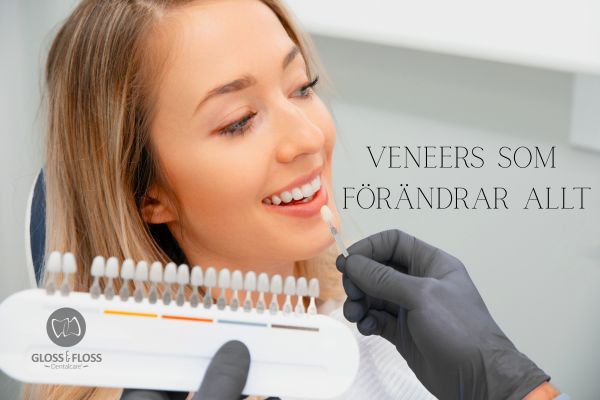 Kvinna får tandfärg matchad för veneers i Stockholm på Gloss & Floss klinik.