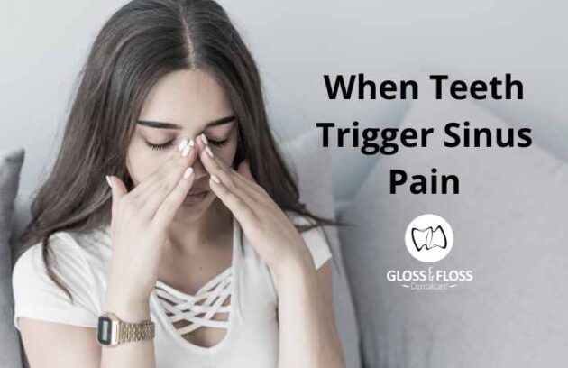 Woman massaging her sinuses due to dental sinusitis.