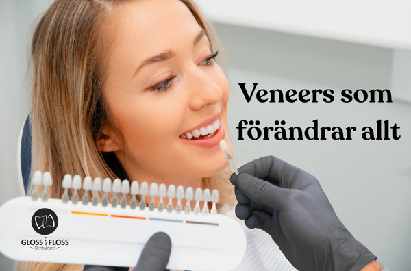 Kvinna får tandfärg matchad för veneers i Stockholm på Gloss & Floss klinik.