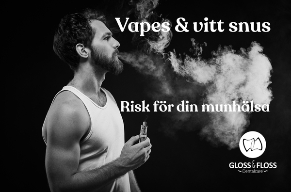 Ung man som vejpar i svartvitt, symboliserar hur vapes och vitt snus skadar munhälsan.