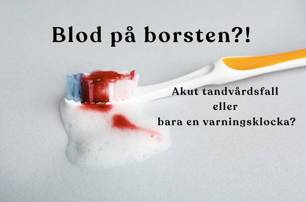 Texten “Blod på borsten?!” över en mjuk tandborste med blodigt skum – symbol för blödande tandkött och behov av akut hjälp i Stockholm.