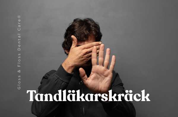 Person som täcker ansiktet och håller upp handen – symbol för tandläkarskräck. Gloss & Floss Dental Care i Stockholm erbjuder lugnt första besök utan borr och tydlig plan.