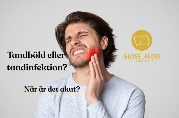 Man med tandvärk och rödmarkerad kind, illustration för tandböld eller tandinfektion som kan behöva akut tandvård.